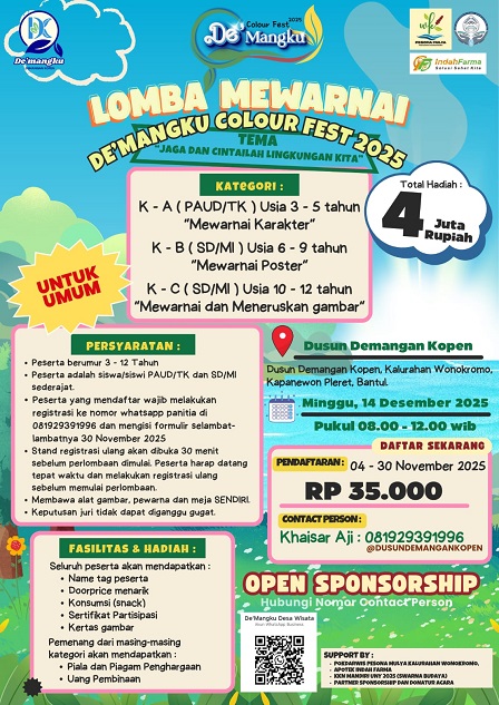 DEMANGKU COLOUR FEST 14 Desember 2025, Ajang Kreativitas Anak dan Promosi Wisata Dusun Demangan Bantul Yogyakarta