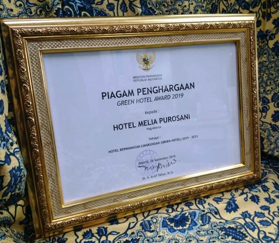 Melia Purosani Hotel Yogyakarta Menerima Green Hotel Award 2019 Dari Kementerian Pariwisata RI