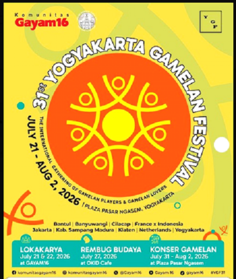 YOGYAKARTA GAMELAN FESTIVAL Ke-31 SUKACITA, 21 Juli Hingga 2 Agustus 2026 Di Plaza Ngasem