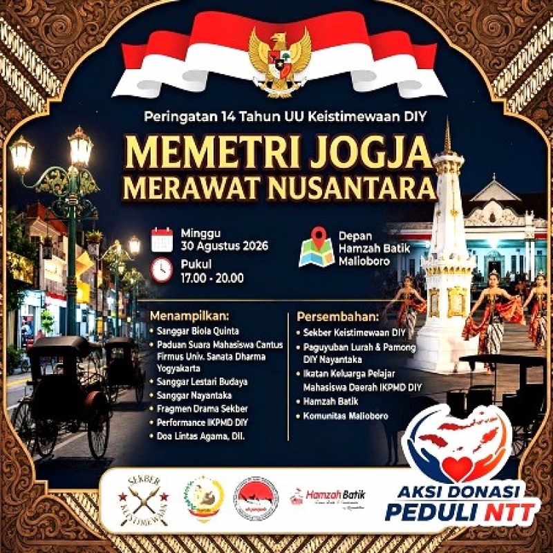 Sekber Keistimewaan DIY, Gelar MEMETRI JOGJA MERAWAT NUSANTARA, Di Depan Hamzah Batik Malioboro, Minggu Sore, 30 Agustus 2026